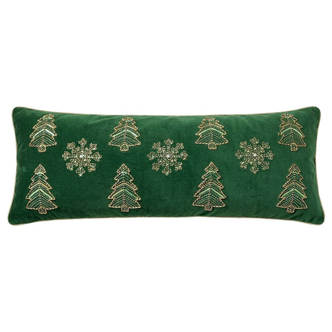 CUSCINO RETTANGOLARE VELLUTO VERDE FIOCCHI DI NEVE E ALBERELLI 35X90