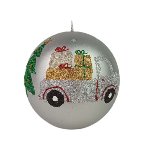Firenze Candele Candela natalizia sferica argento con albero e camioncino di regali fatta a mano
