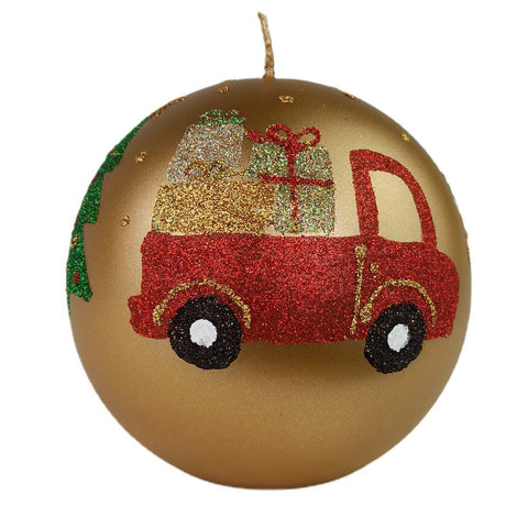 Firenze Candele Candela natalizia sferica oro con albero e camioncino di regali fatta a mano