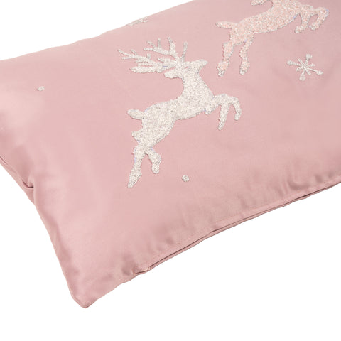 Cuscino in raso rosa con ricamo renne