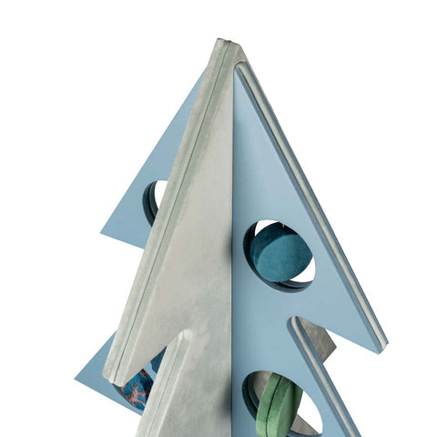 Sapin de 150 cm avec boules en bois laqué et velours bleu poudré