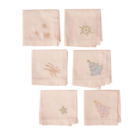 Set Tovagliolini In Cotone Rosa Con Diverse Figure Ricamate