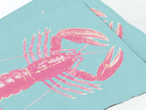 Tovaglietta 100% lino fatta a mano fantasia aragosta rosa e verde acqua