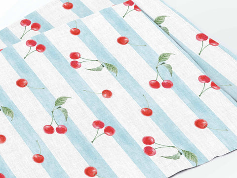 Tovaglia 100%lino fatta a mano effetto vintage a righe con ciliegie 142x250 cm