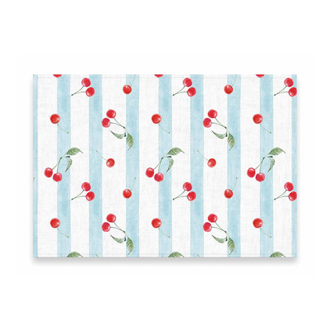 Tovaglia 100%lino fatta a mano effetto vintage a righe con ciliegie 142x250 cm