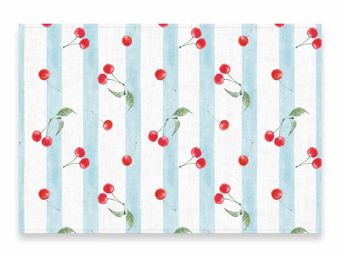 Lina Tovaglie Tovaglia 100%lino fatta a mano effetto vintage a righe con ciliegie 142x250 cm