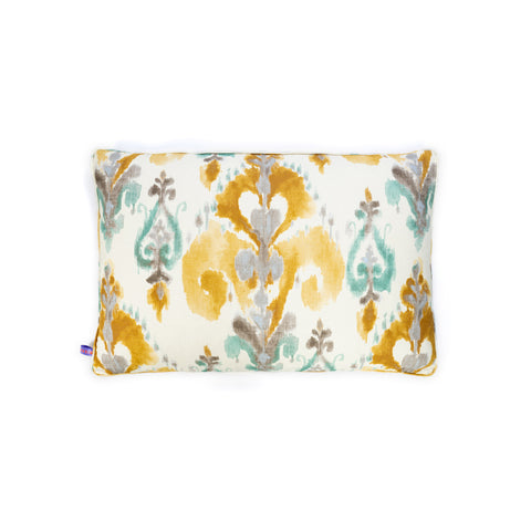 Coussin en tissu damassé aux couleurs gris, ocre et vert ART B10